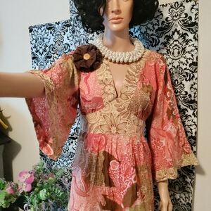Pink brown tan XL kimono sleeve shirt top tie string waist